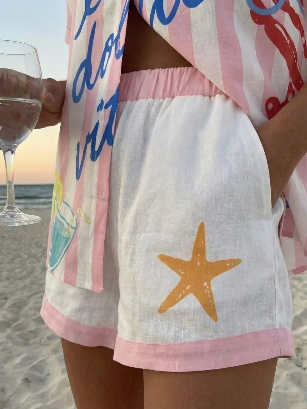 Baby Pink Casual Women's Vacation Printed Shirt & Shorts Set
